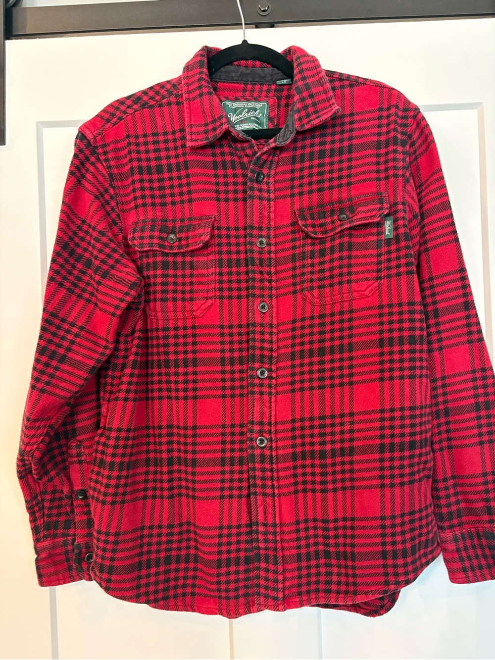 Vintage Woolrich Brawny Flannel Shirt Shacket Mens L Red & Black Plaid Pockets